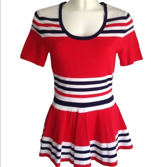 Boston Proper Tops - Boston Proper Red White Blue Striped Peplum Top